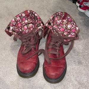 dr. Martens boots red on the outside and then flower red pattern on the inside